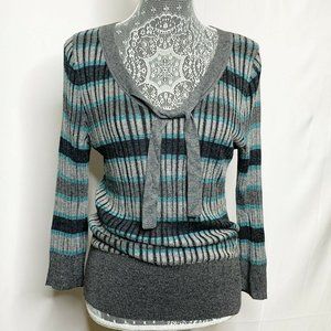 DKNY Sweater Women L Blue Gray Striped Knit V Neck